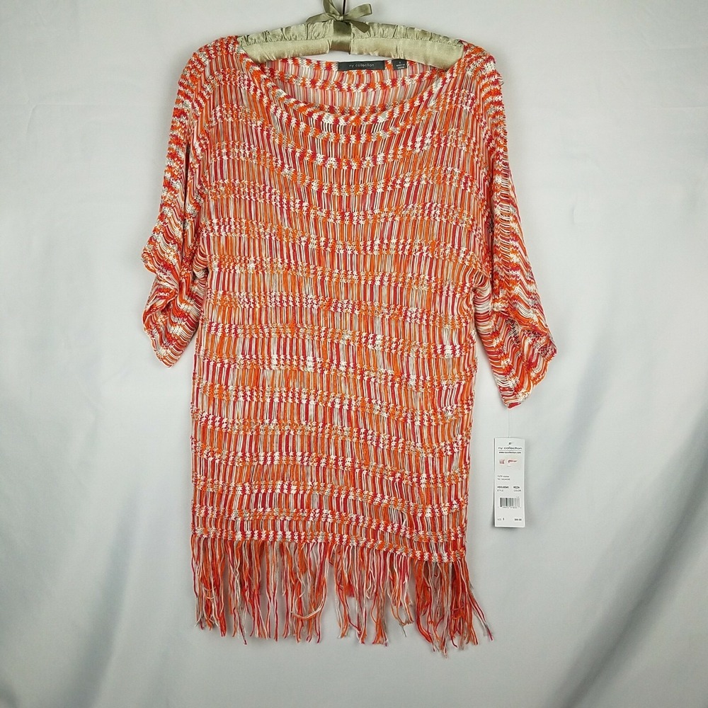 NY Collection‎ Beachy Boho Knit Cover Up Womens Fringe Boat Top Crochet Swim 70s